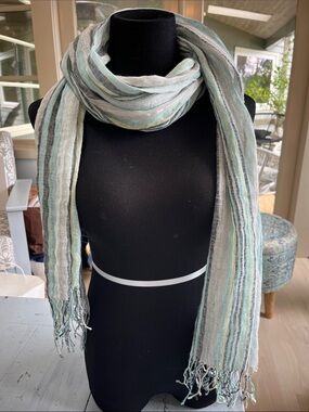 Eileen Fisher Lightweight Striped Scarf in Aqua, Gray, Cream